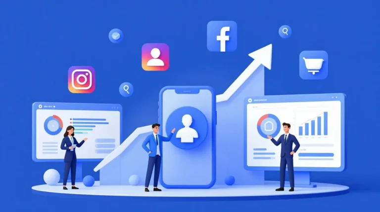 social media marketing strategy with Facebook, Instagram, analytics and business growth