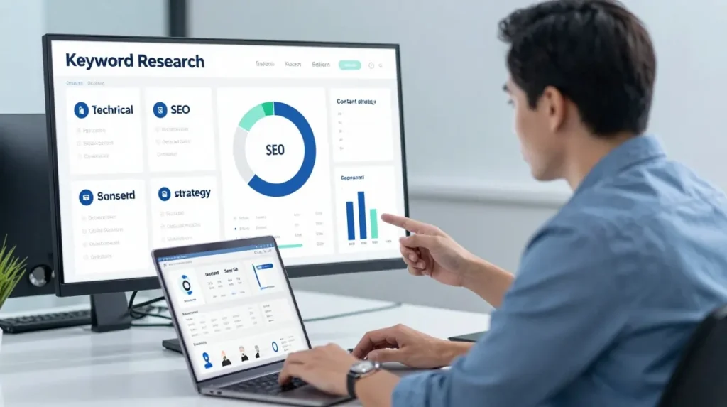 Professional SEO specialists analyzing website performance and Google rankings