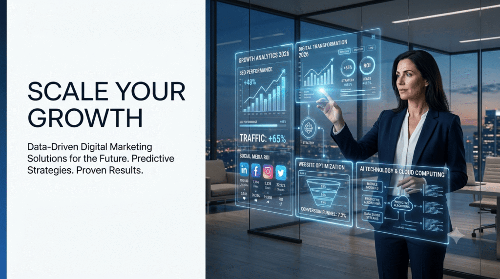 "Ascending bar chart with an upward arrow on a dark background, representing business growth and scaling."